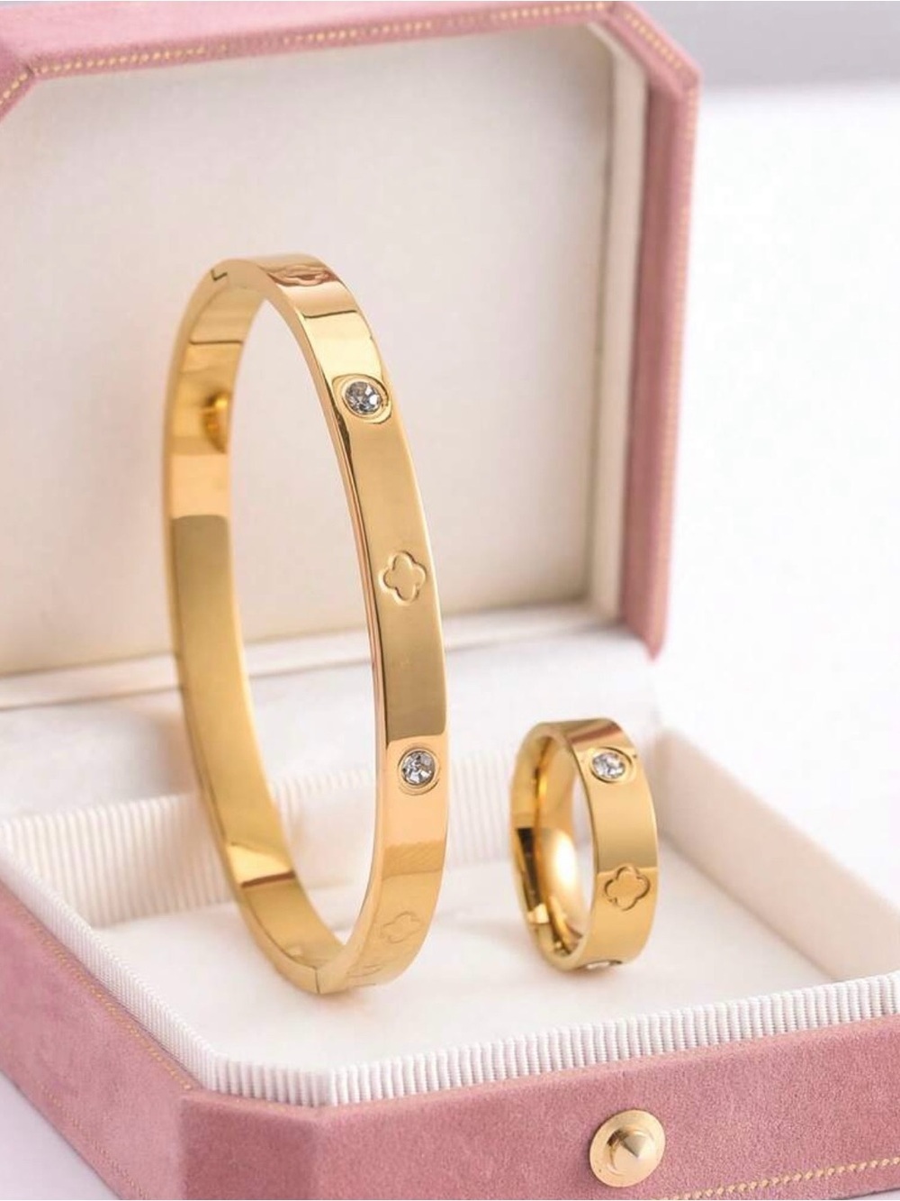 Gold Crystal Accent Bangle and Band Set